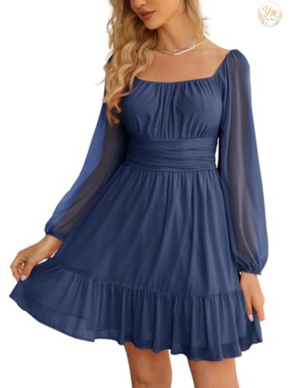 Wenrine Mesh Long Sleeve Square Neck High Waist A Line Mini Dress Ruffle Hem